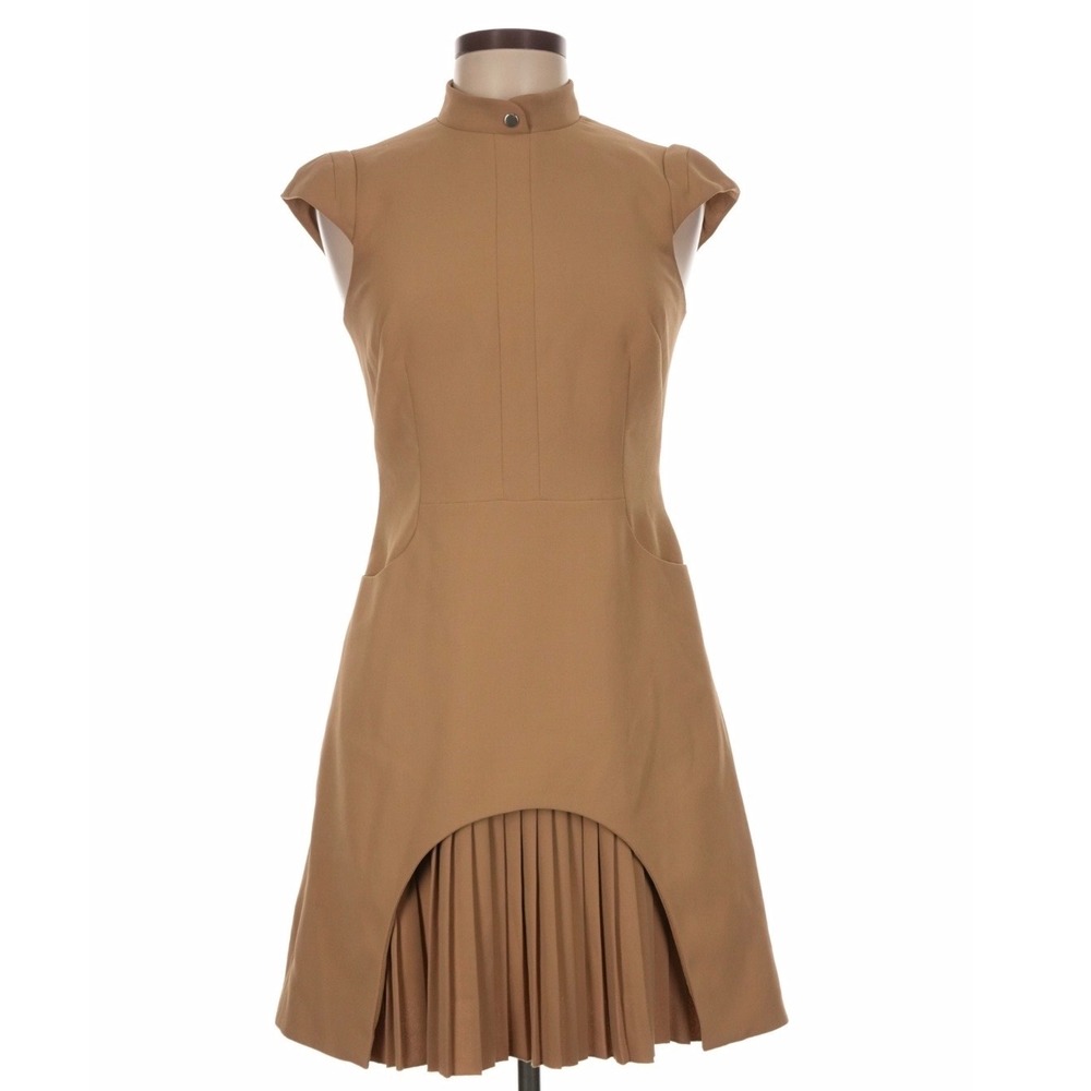Karen Millen Military Tailored Mini Dress Camel Brown Pleated Hem WUEDW641 Sz 2